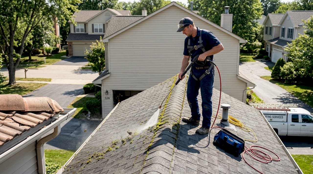 Technician pressure washing moss off roof