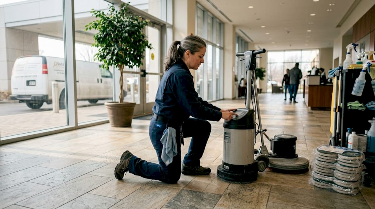 Technician comparing two floor scrubber types