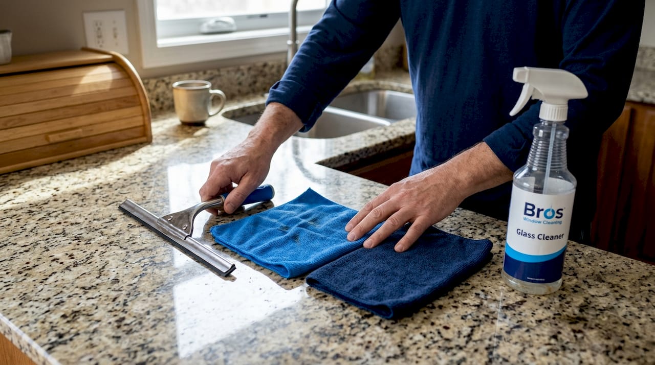 Hands arranging window cleaning tools in kitchen