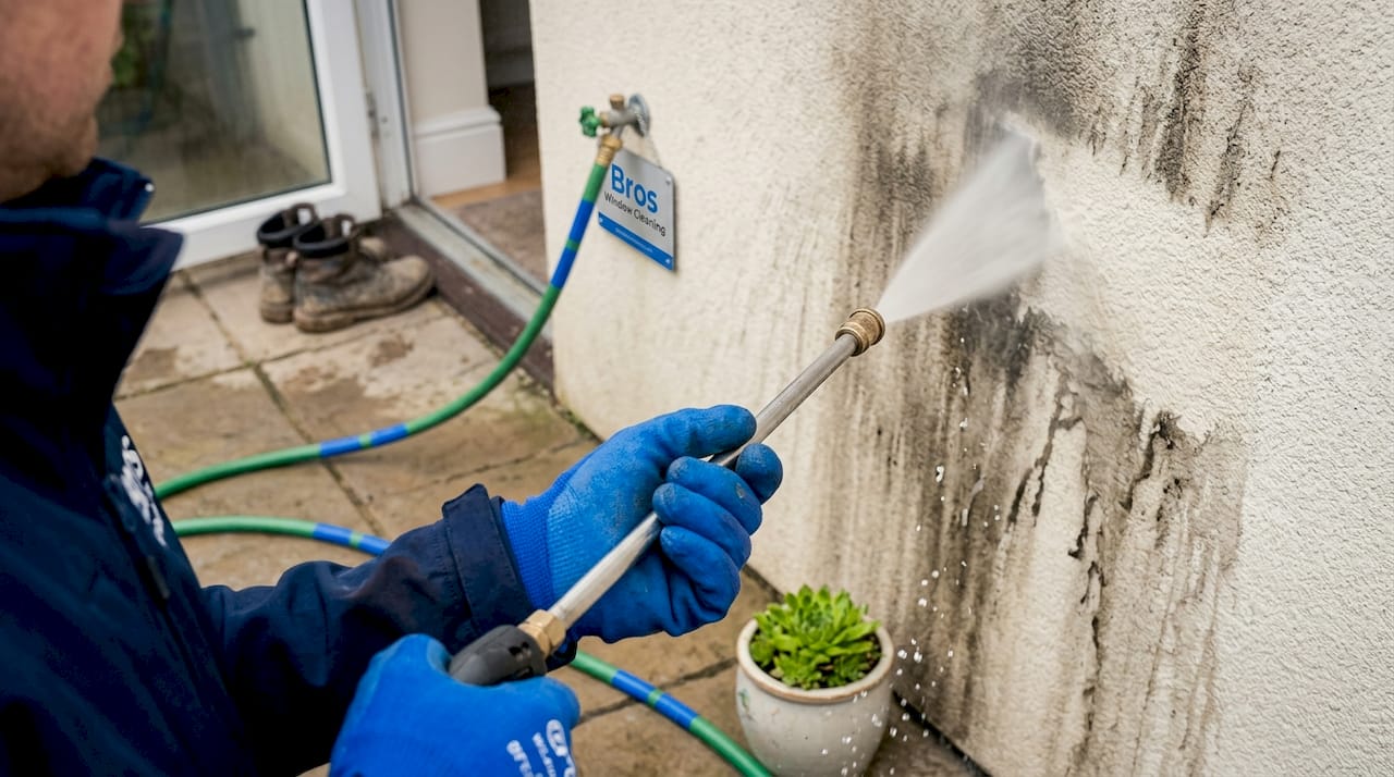 Pressure washing stucco wall removes dirt