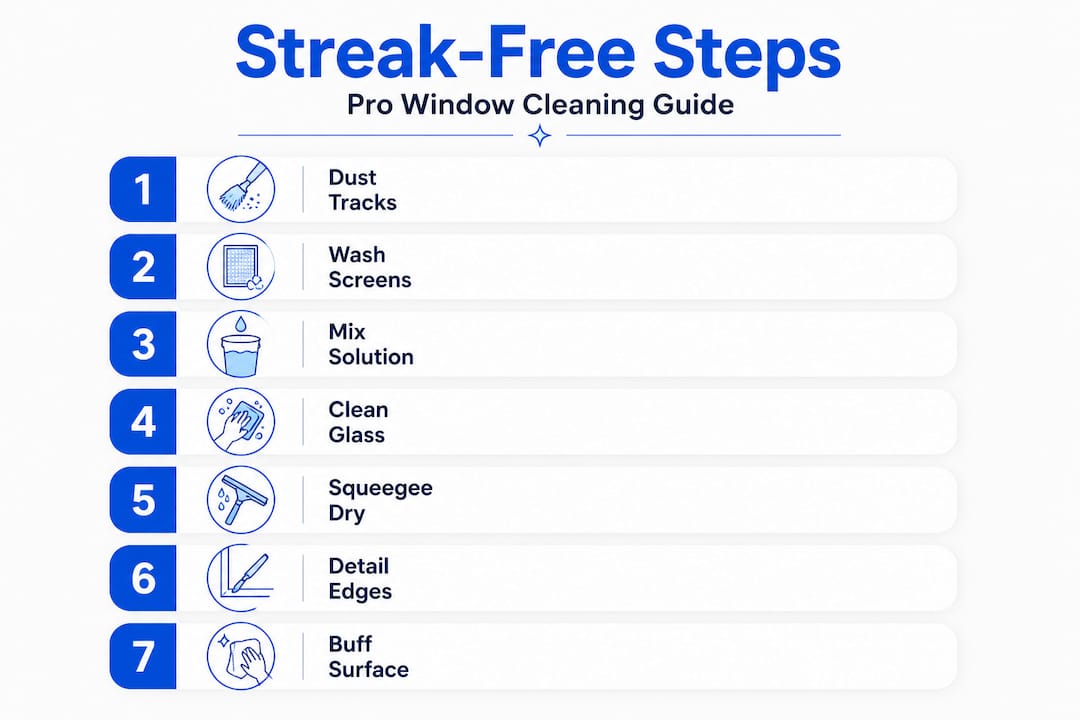 Infographic showing steps for streak-free window cleaning