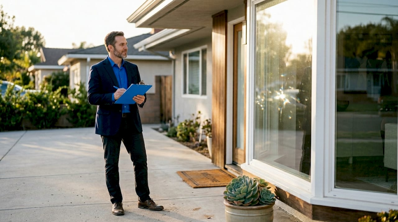 Realtor evaluating clean windows on home exterior
