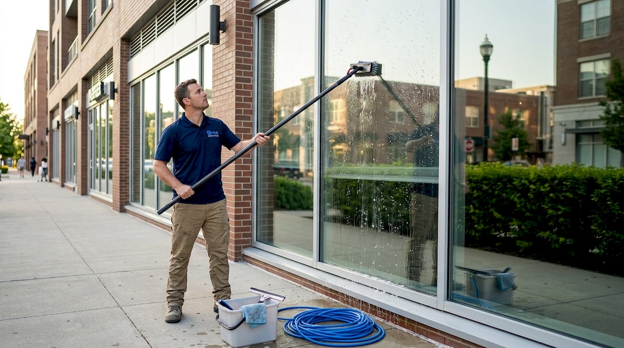 Professional cleaning windows with water-fed pole system