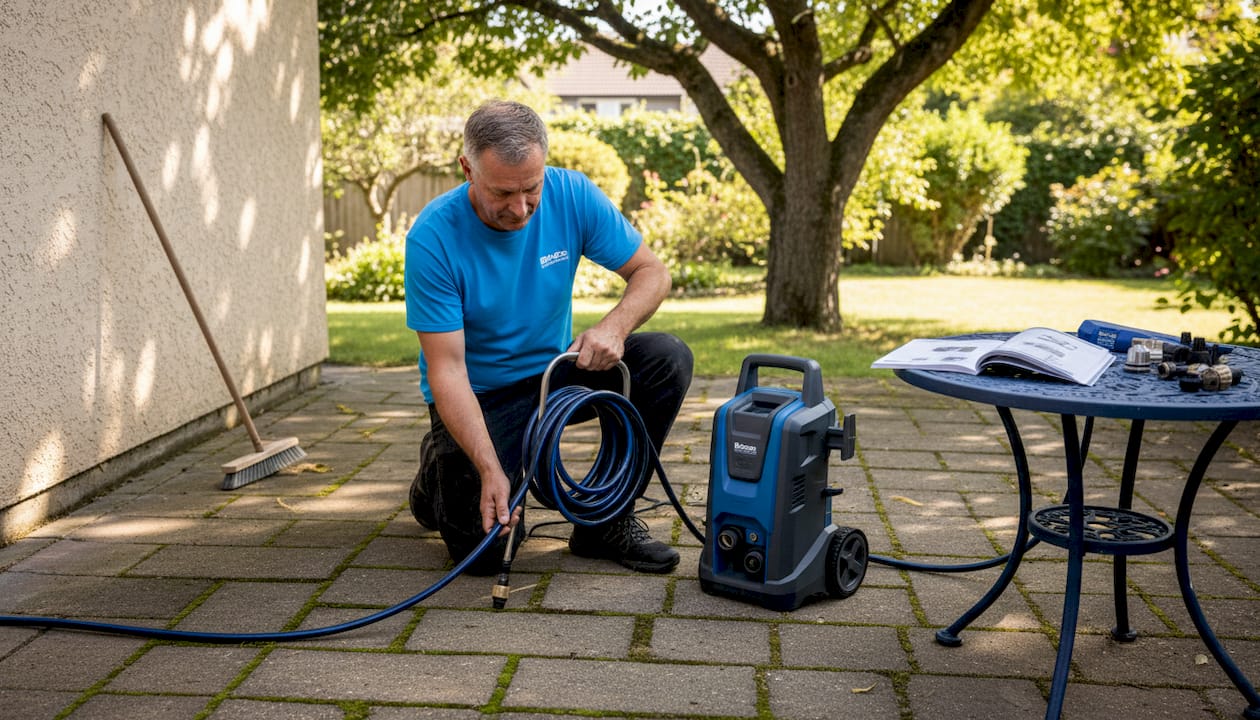 Homeowner prepping pressure washer on backyard patio