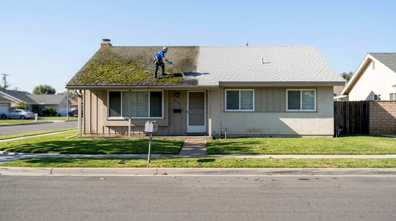 Half-cleaned roof demonstrates curb appeal results