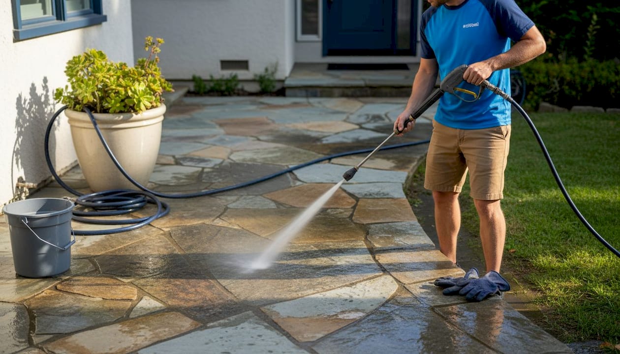 Homeowner pressure washing stone walkway grime