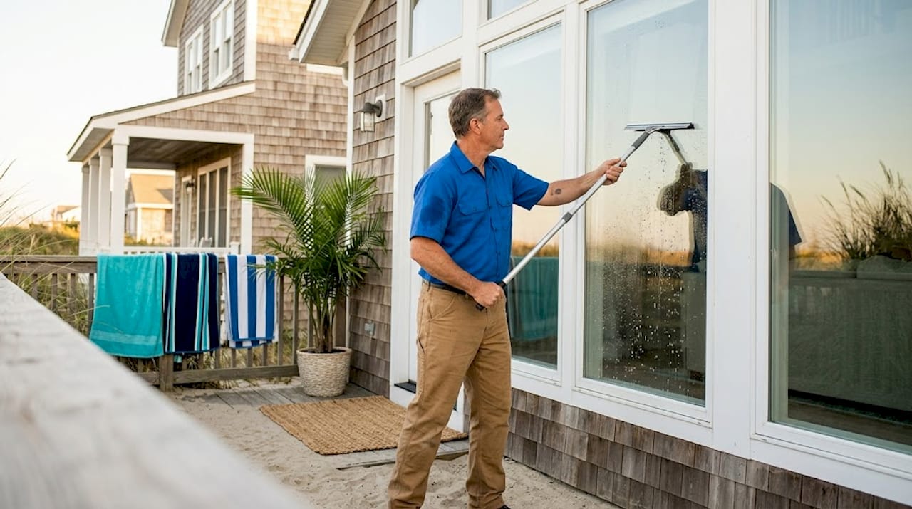 Man cleaning windows for better curb appeal