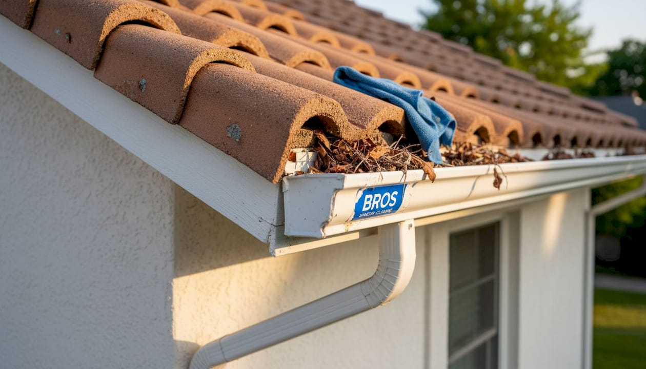 Gutter corner with roof debris buildup