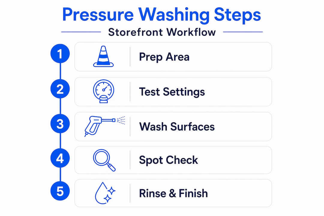 Pressure washing storefront workflow steps infographic