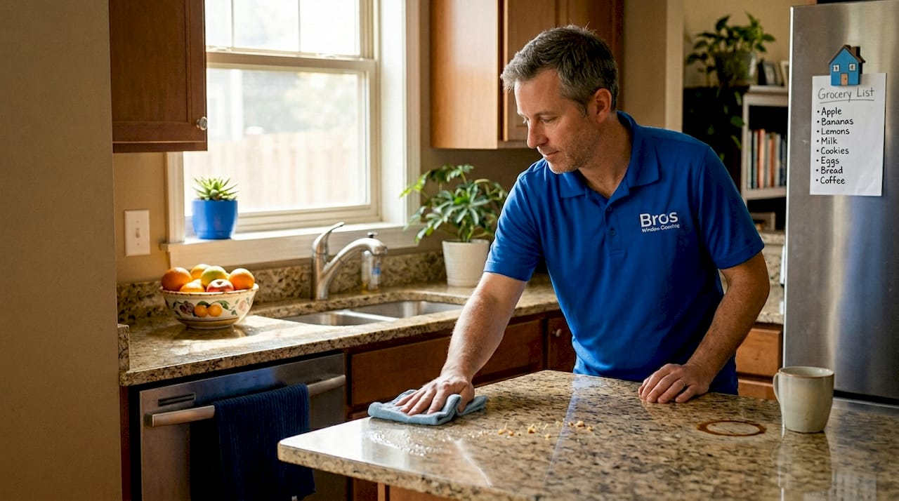 Man wiping kitchen counter regular cleaning