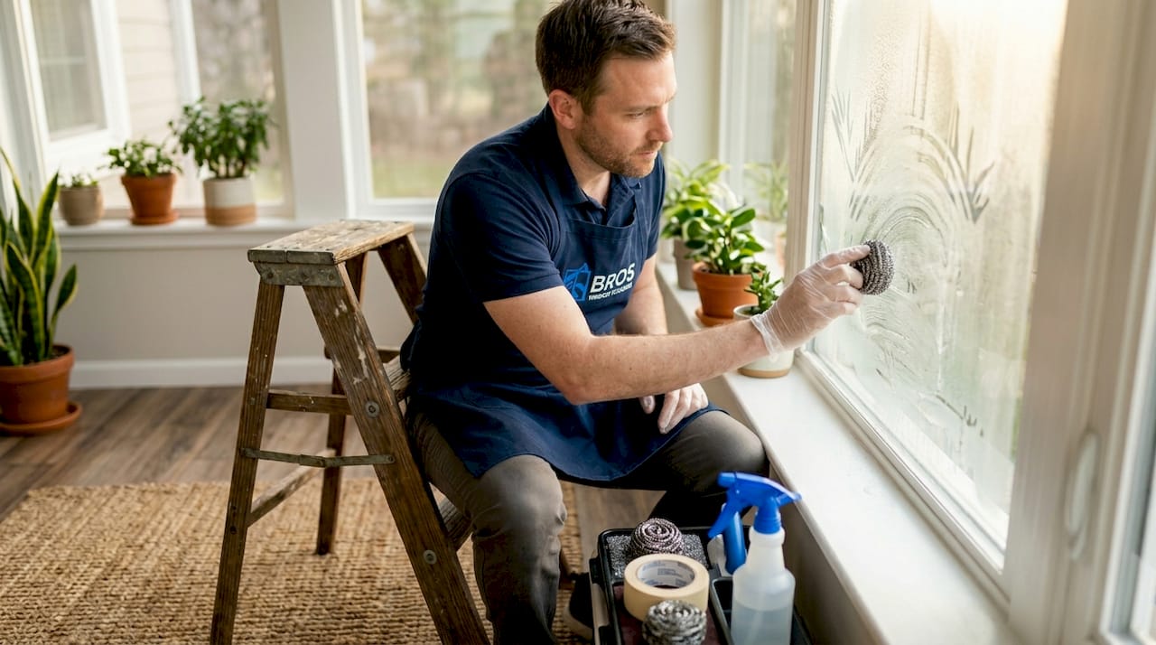 Technician restoring acid-etched kitchen window