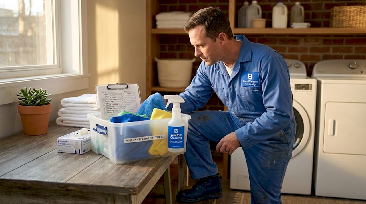 Cleaner double-checking supplies on kitchen counter