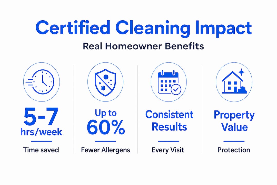 Infographic with stats on time-saving, allergen reduction, consistent cleaning, property value