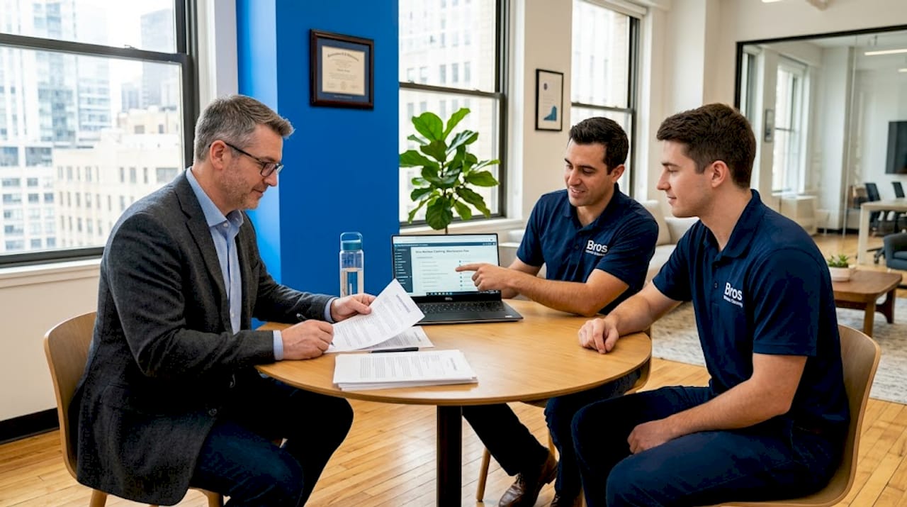 Building manager meeting with cleaning contractors