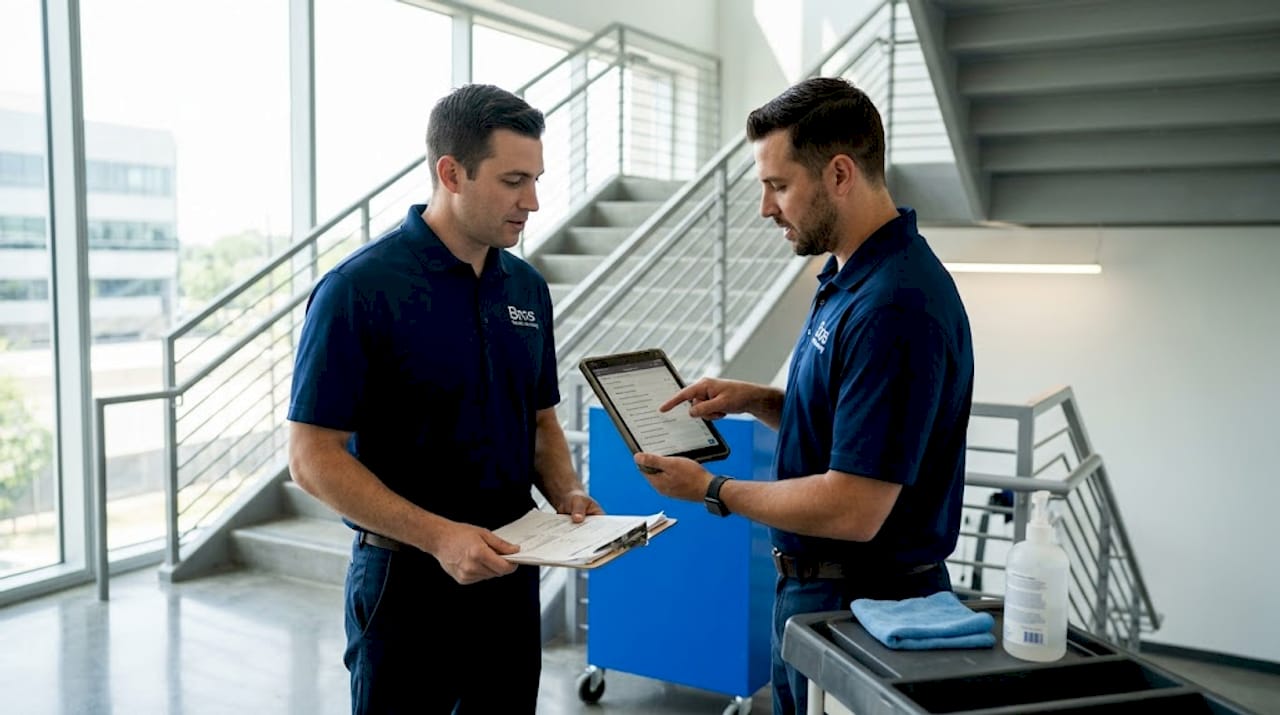 Supervisors during cleaning shift handoff in corridor