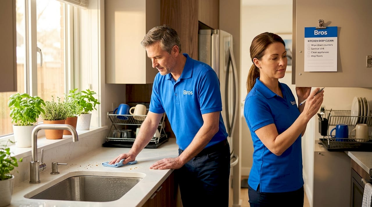 Cleaning team tidying kitchen countertops