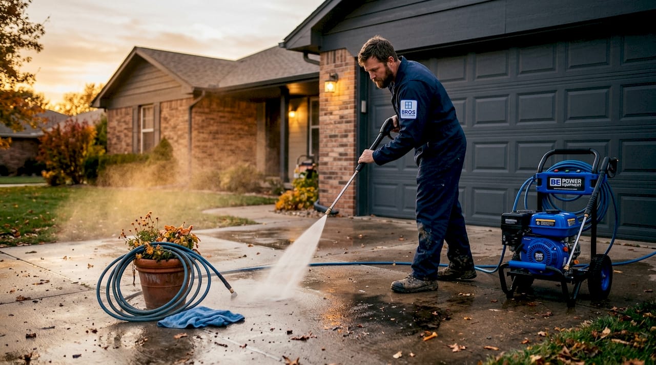 Pressure washing concrete driveway outside home