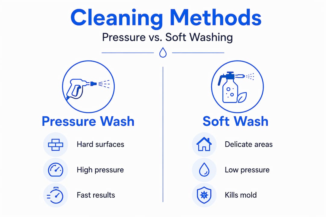 Comparison infographic: pressure vs soft washing