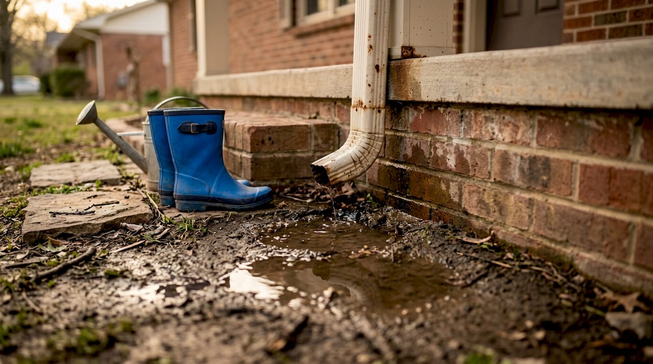 Rainwater pooling near house foundation
