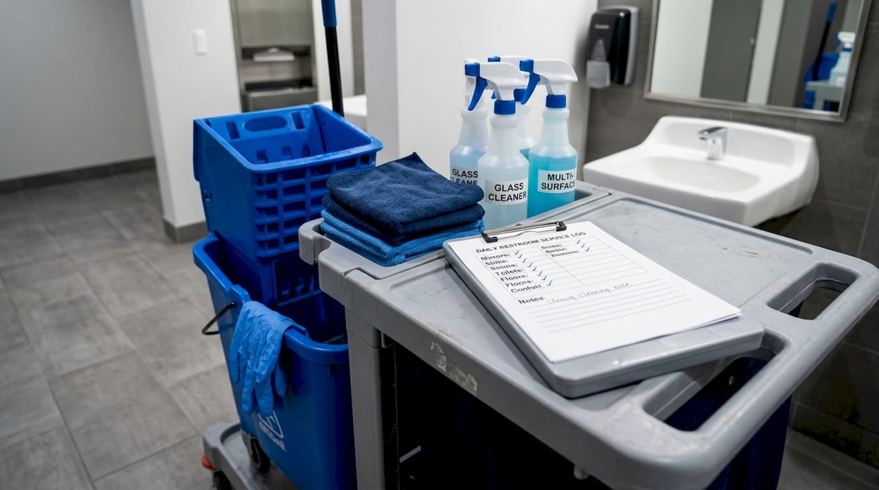 Janitorial cart with cleaning tools ready in lobby