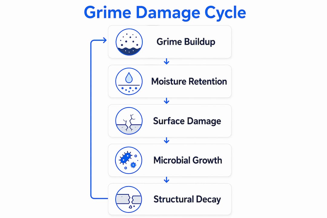 Infographic illustrating stages of grime-related damage