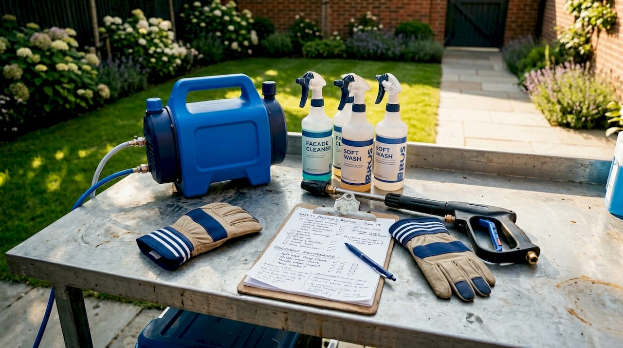 Facade cleaning equipment on workbench
