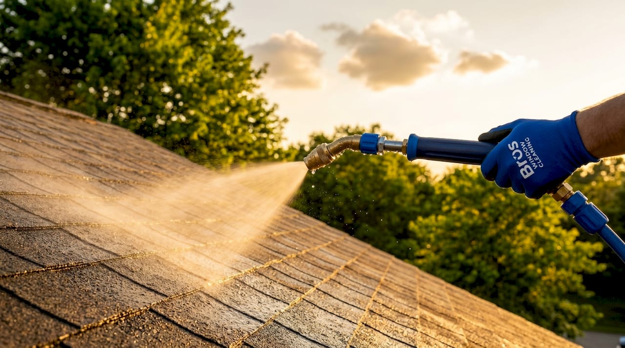 Close-up of soft wash mist on asphalt roof shingles
