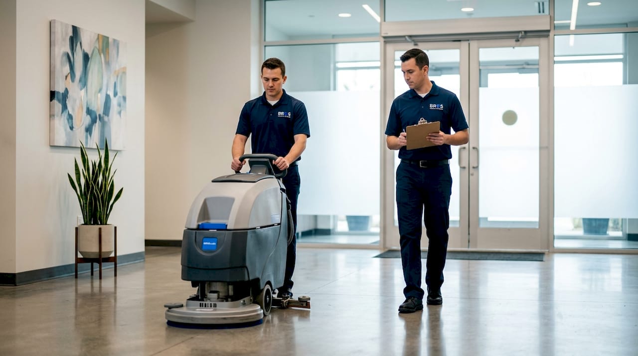 Professional cleaners operating floor scrubber in lobby