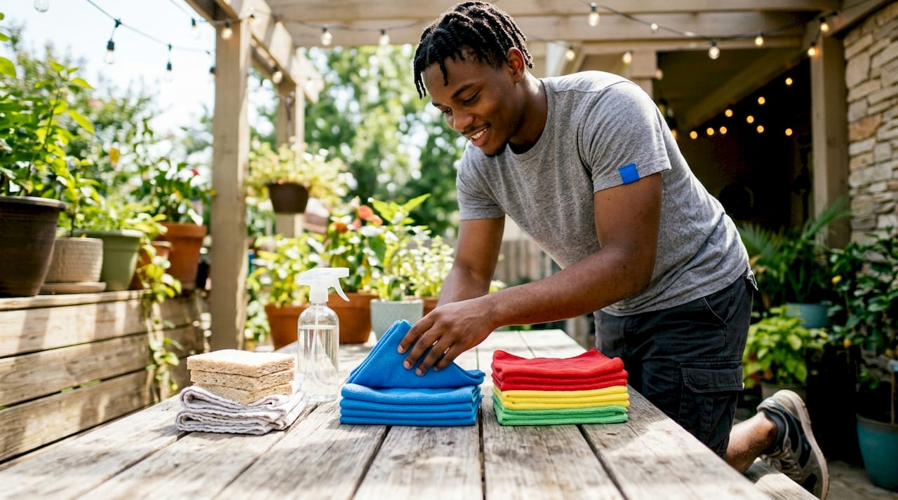 Hands organizing sustainable cleaning tools