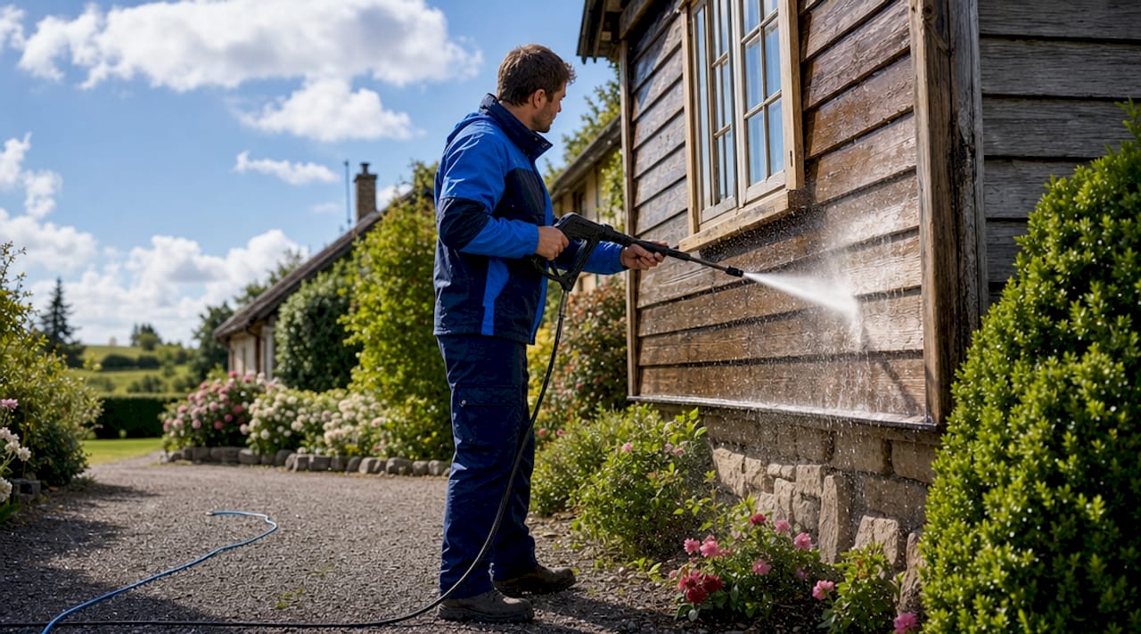 Professional pressure washing house siding outdoors
