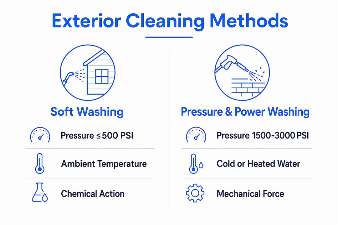 Infographic comparing soft washing and pressure power washing methods