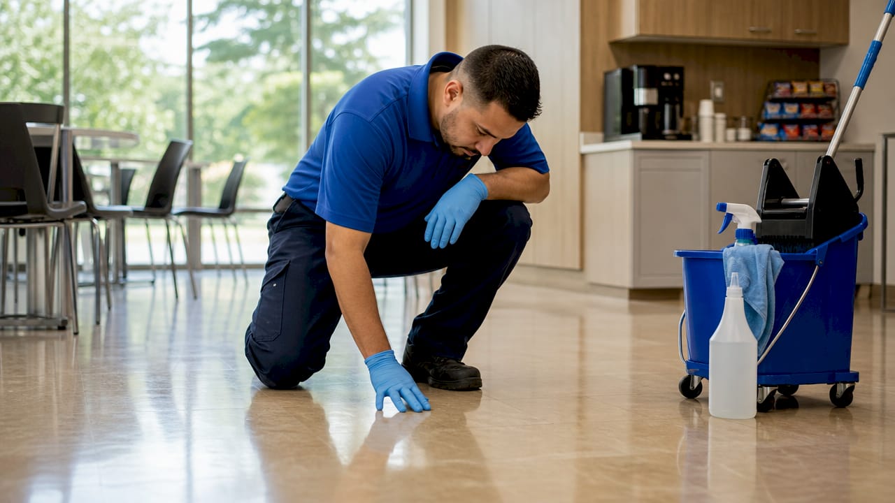 Janitor inspecting floor before wet mopping in hallway