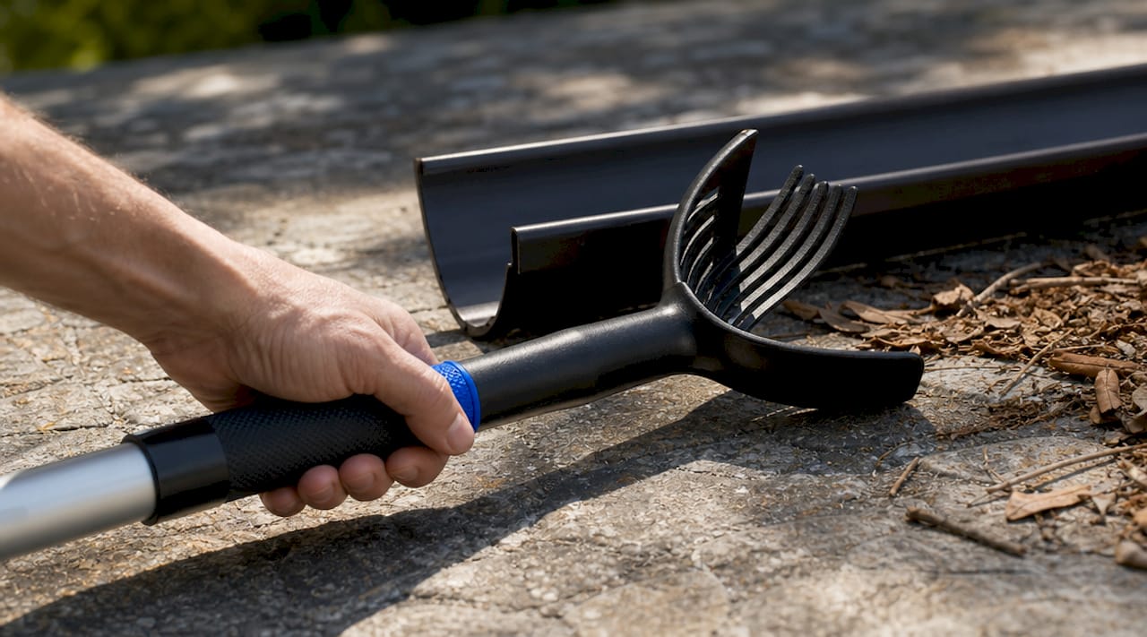 Close-up of ergonomic gutter cleaning tool on deck
