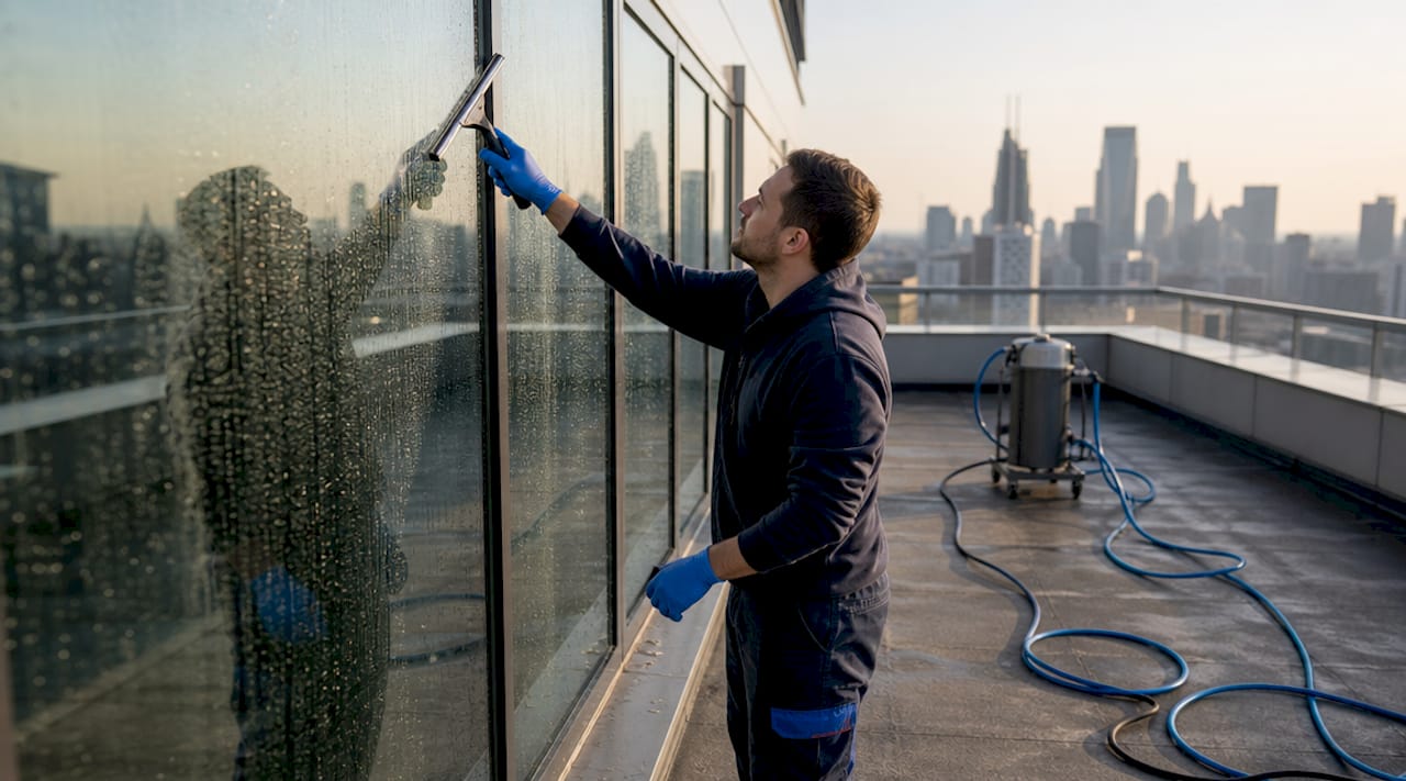 Close-up hands cleaning window with purified water