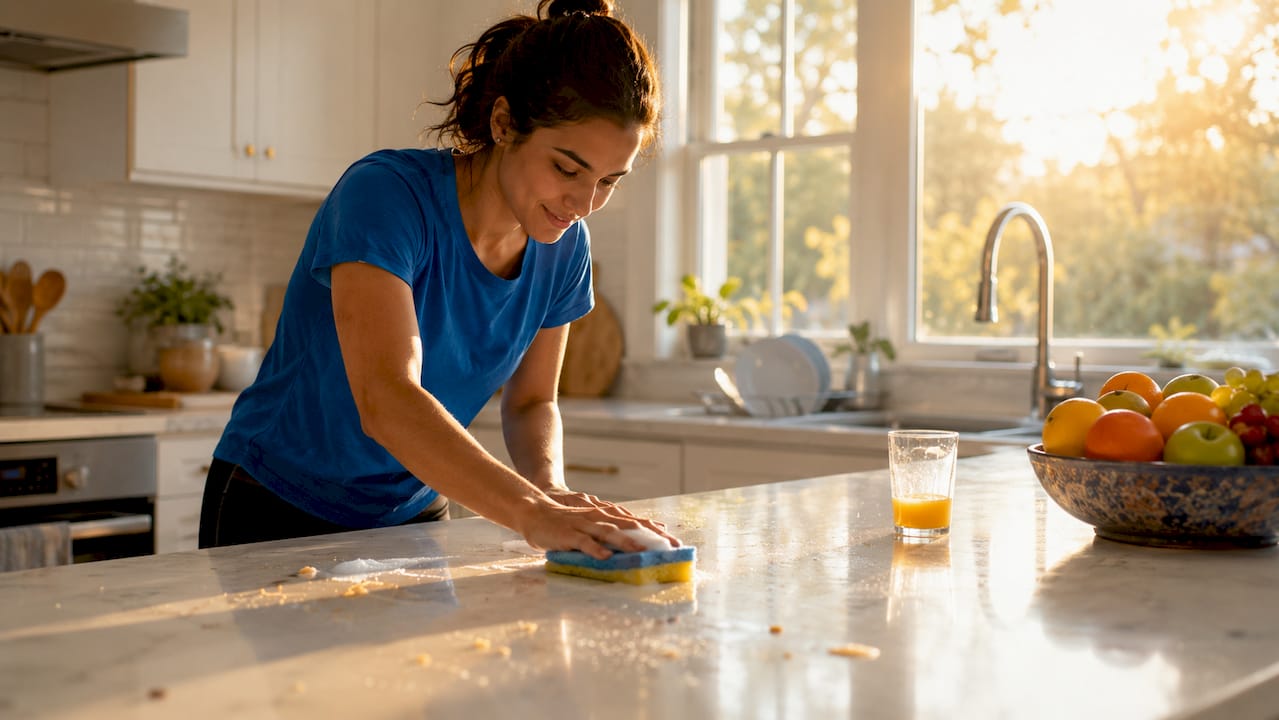 Hands wiping kitchen counter during daily cleaning