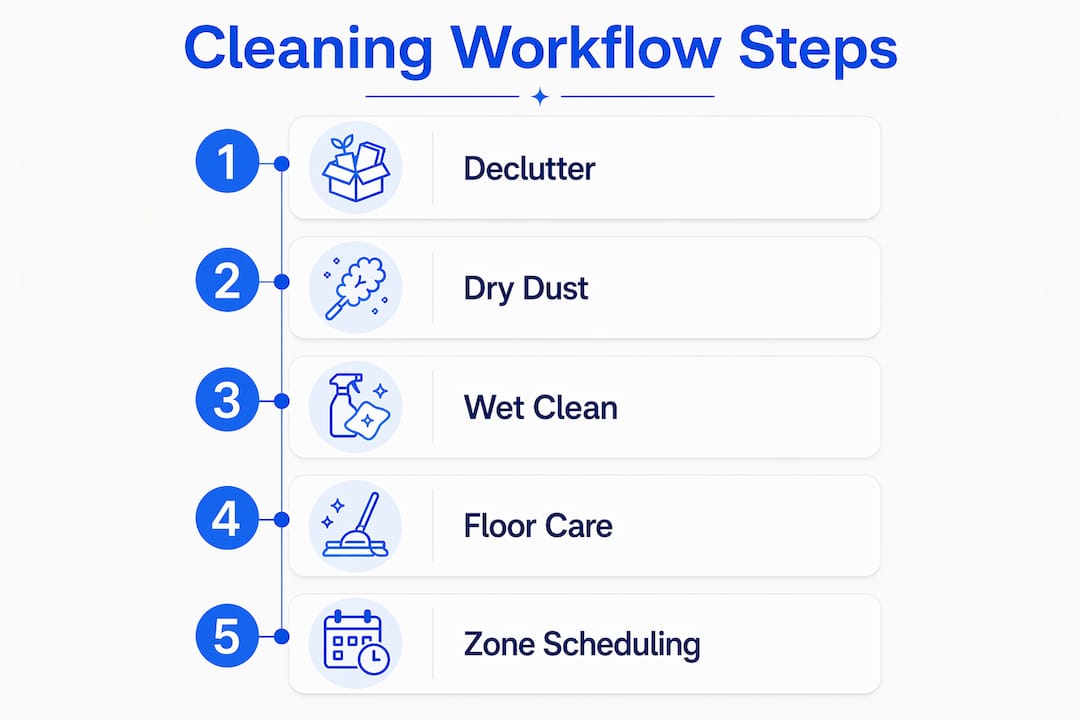 Infographic illustrating home cleaning workflow steps