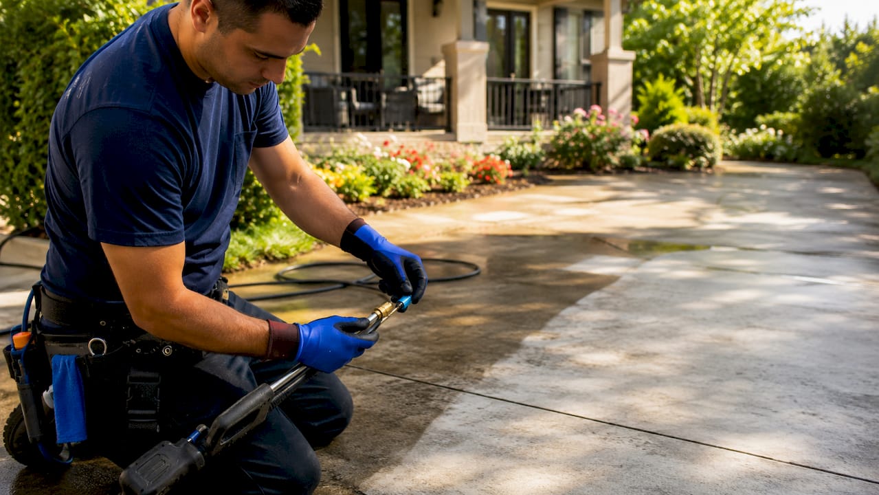 Hands adjusting power washer nozzle on driveway