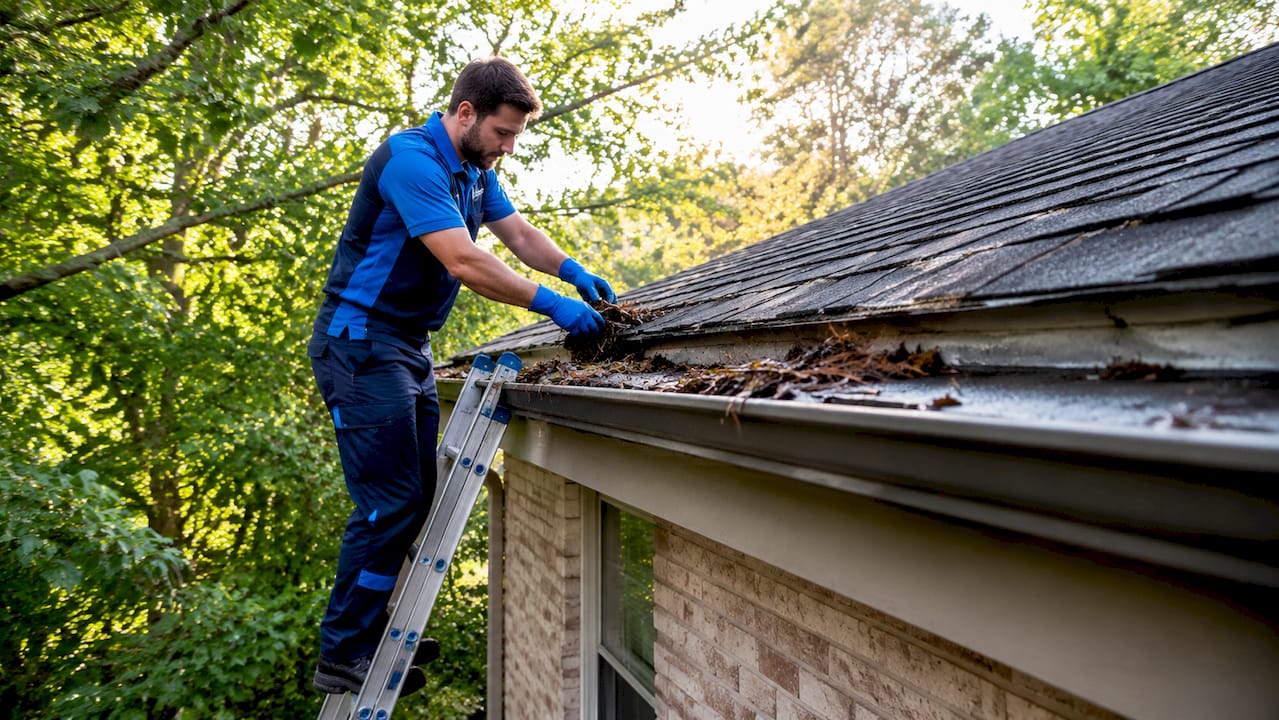 Clogged roof gutter filled with wet debris and leaves