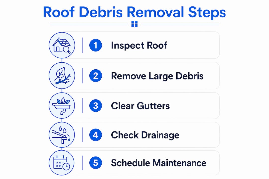 Infographic illustrating steps to remove roof debris