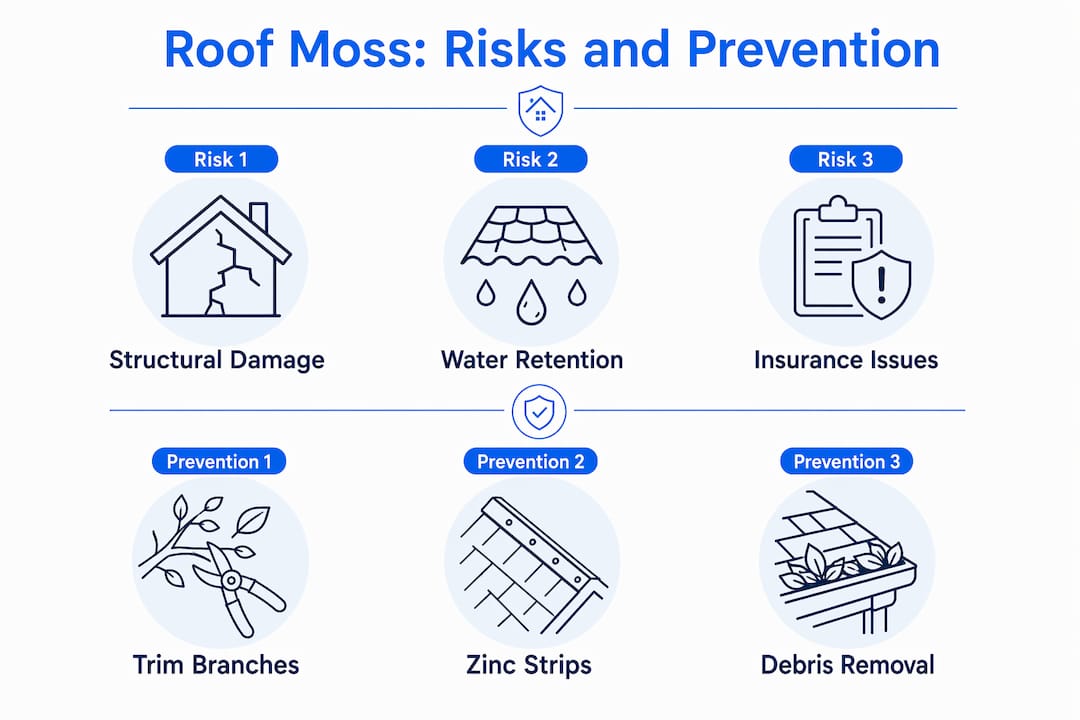 Infographic showing roof moss risks and prevention steps