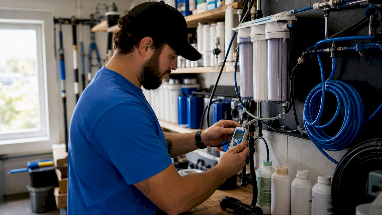 Technician checking TDS meter on filtration system