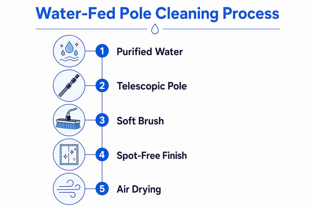 Infographic illustrating water-fed pole cleaning stages