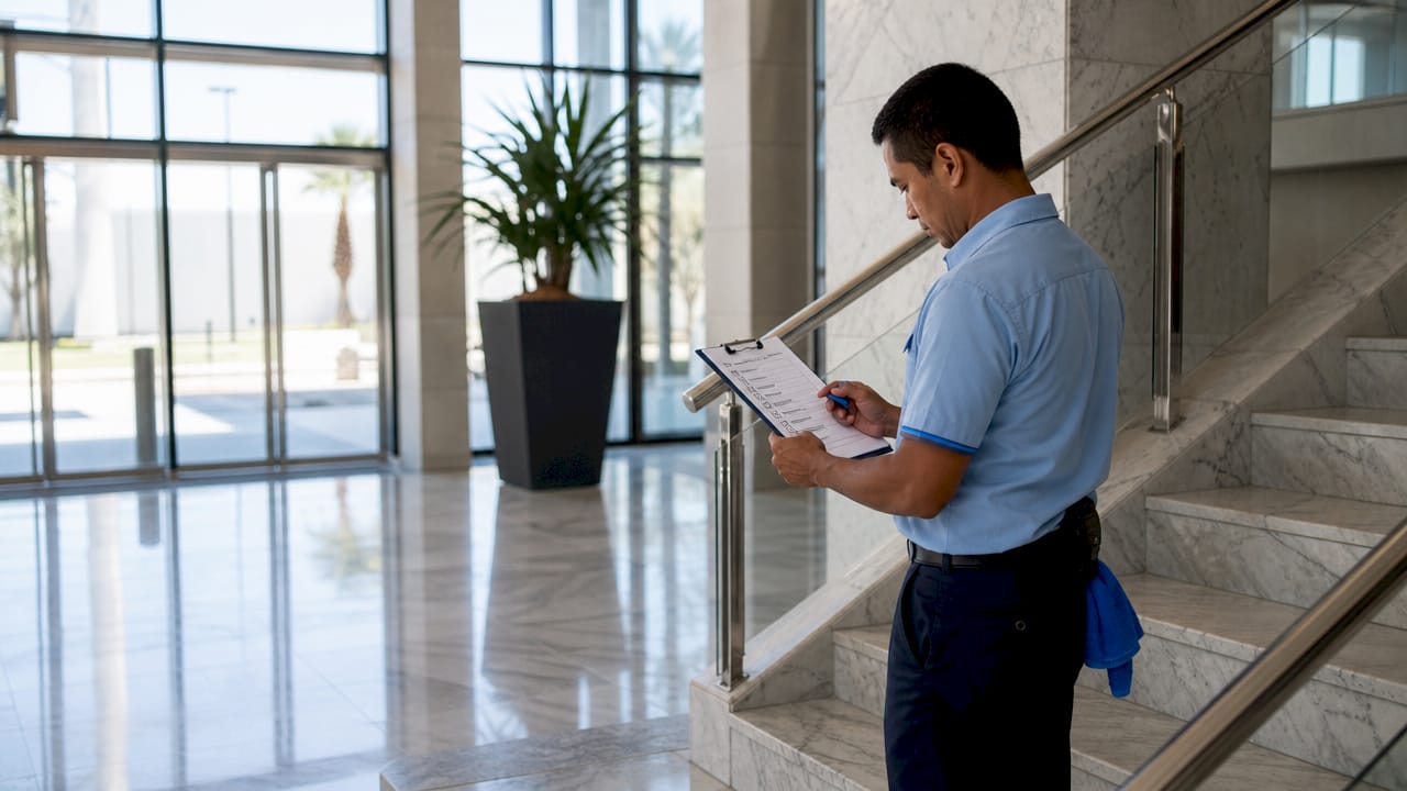 Janitor holding cleaning checklist in stairwell