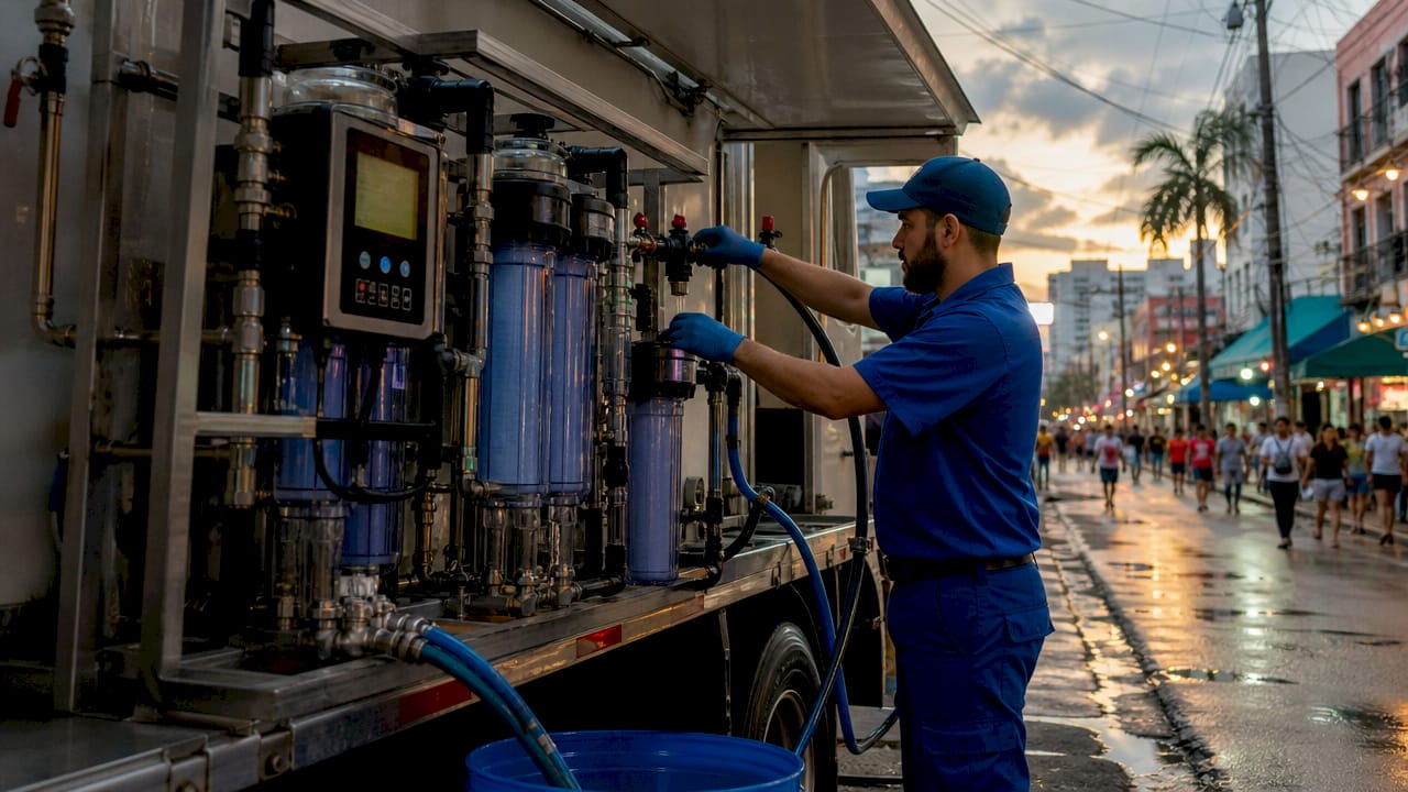 Close-up of deionized water filtration system on cleaning truck