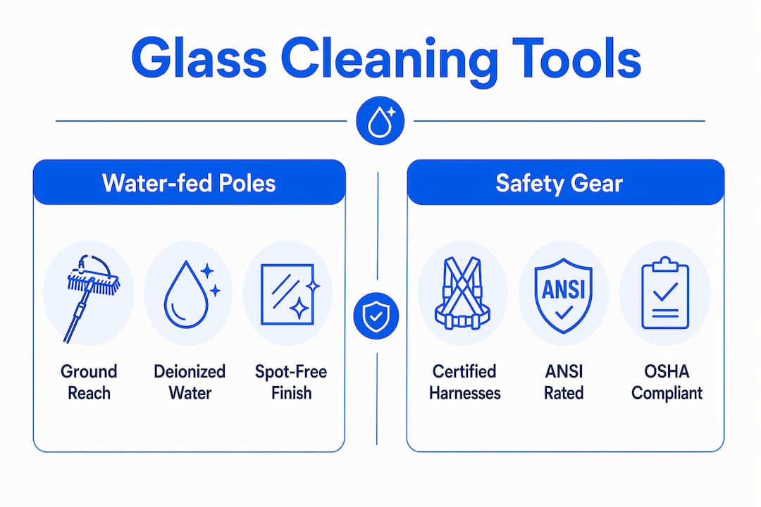 Infographic comparing glass cleaning tools and safety gear
