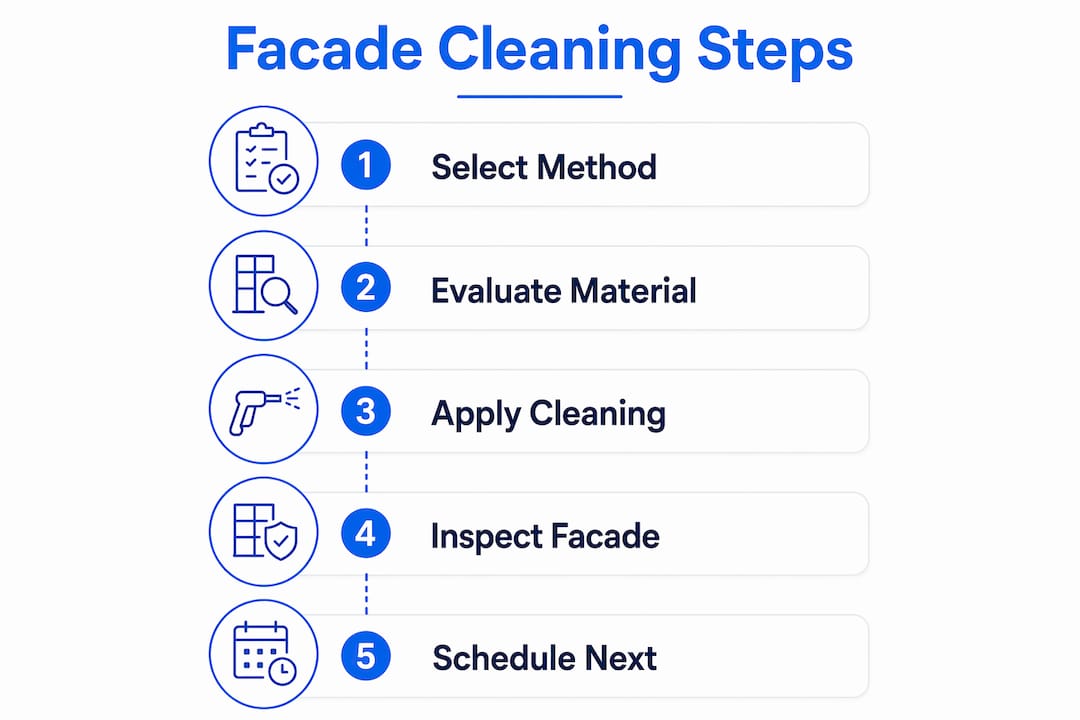 Infographic illustrating steps of the facade cleaning process.