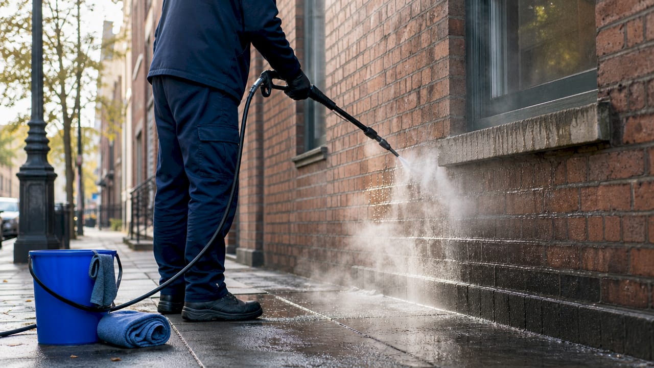 Steam cleaning equipment in use on stone building facade.