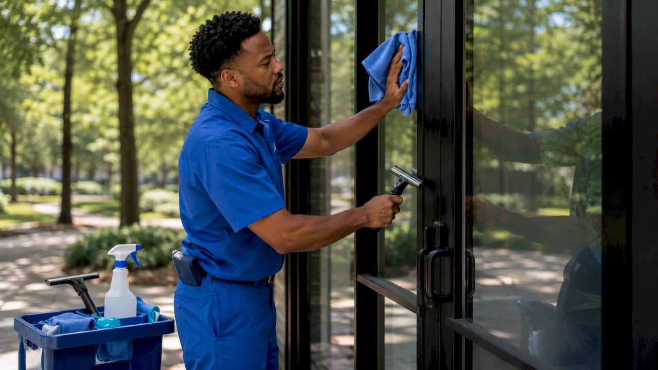 Hands cleaning entrance door glass and frame