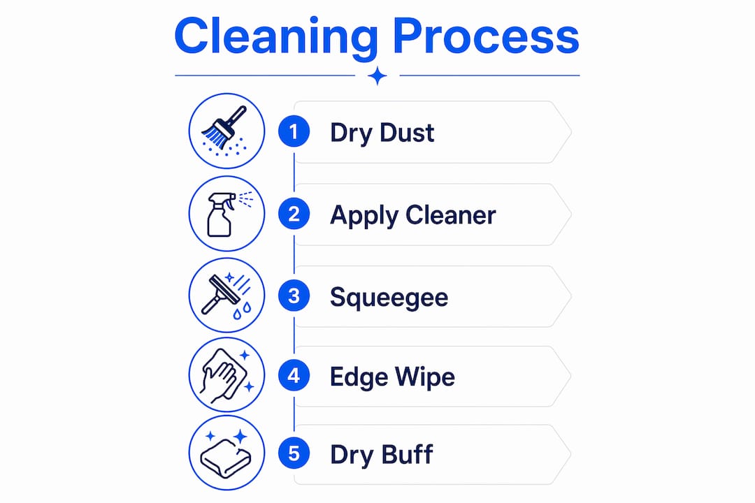 Infographic showing steps of entrance glass cleaning