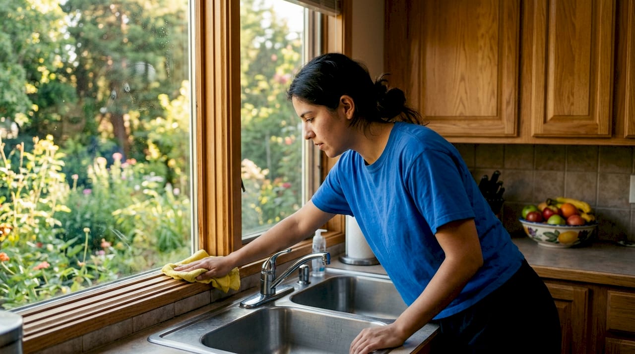 Homeowner wiping window frame indoors preparing to clean